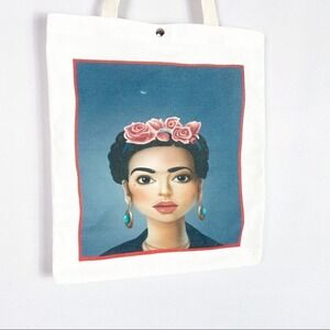 Frida Kahlo‎ White Canvas Graphic Tote Shoulder Bag 13" x 15" Snap Closure